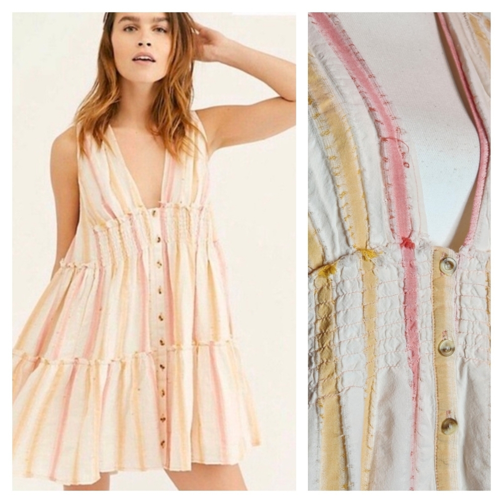 Free People Do it Again Fresh Almond Striped Combo Shift Mini Dress Tunic Medium